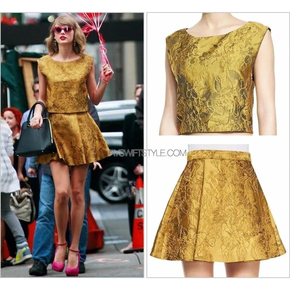 Alice + Olivia Top Womens 6 Gold Jacquard Crop Sleeveless Floral Boxy Back Zip - Picture 4 of 9